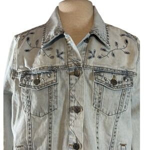 Old Navy Y2K Large Denim Rhinestones Light Wash Trucker Jacket Boho‎ Floral Mall